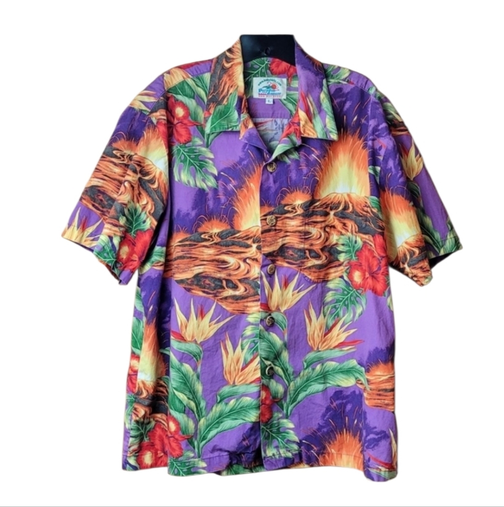 Vintage Paradise Exploding Volcano Lava Button-Up… - image 1